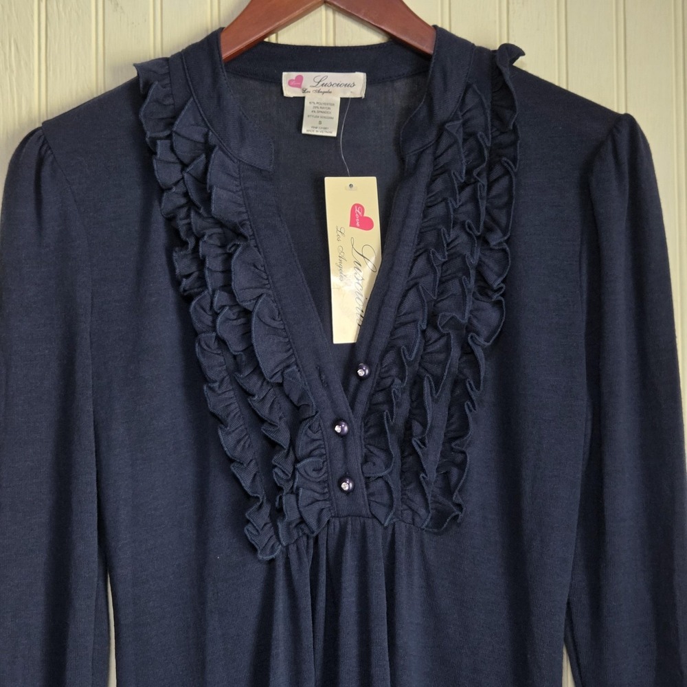 Luscious Los Angeles Dress Juniors Small Blue Long Sleeve Ruffle V Neck Short